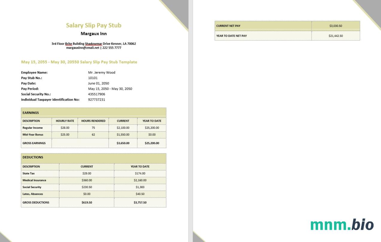 Margaux Inn Pension Slip pay stub w formatach PDf i Word